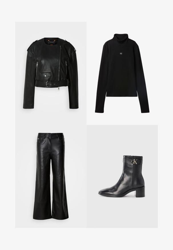 Schwarze Lederjacke mit verkürztem Schnitt, asymmetrischem Frontreißverschluss, Reißverschlusstaschen, Schulterklappen und einem Taillengürtel mit einer metallischen Schnalle.; Schwarzes, geripptes Langarm-Top mit Rollkragen und kleinem quadratischem Calvin Klein Logo-Patch zentral auf der Brust.; Schwarze Leder-Breitbein-Hosen mit einer glatten Textur, ausgestattet mit einem vorderen Knopfverschluss, zwei Seitentaschen und minimalen Nähten.; Schwarze Leder-Ankle Boots mit spitzem Zehenbereich, Blockabsatz und einem Riemen mit einem metallischen Logodetail. Glatte Textur und minimales Design.