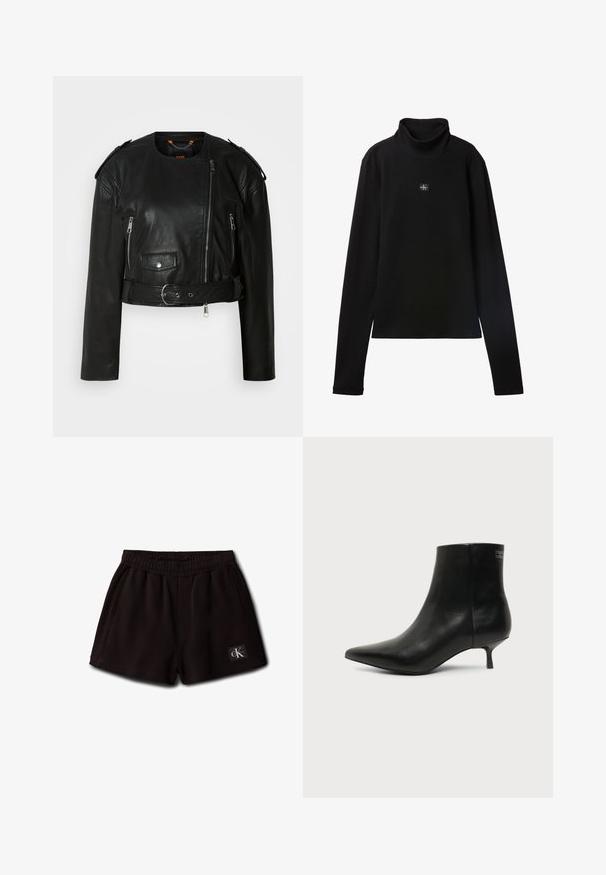 Sort læder cropped jakke med asymmetrisk frontlynlås, lynlås-lommer, skulderepauletter og en taljeelastik med en metallisk spænde.; Sort ribstrikket bluse med lange ærmer og lille firkantet Calvin Klein-logo placeret centralt på brystet.; Sorte elastiske korte shorts med sidelommer og et lille Calvin Klein-logo på den forreste nederste venstre side.; Sort læder ankelstøvle med spids tå og lav kitten hæl på lys baggrund, der viser yderside.