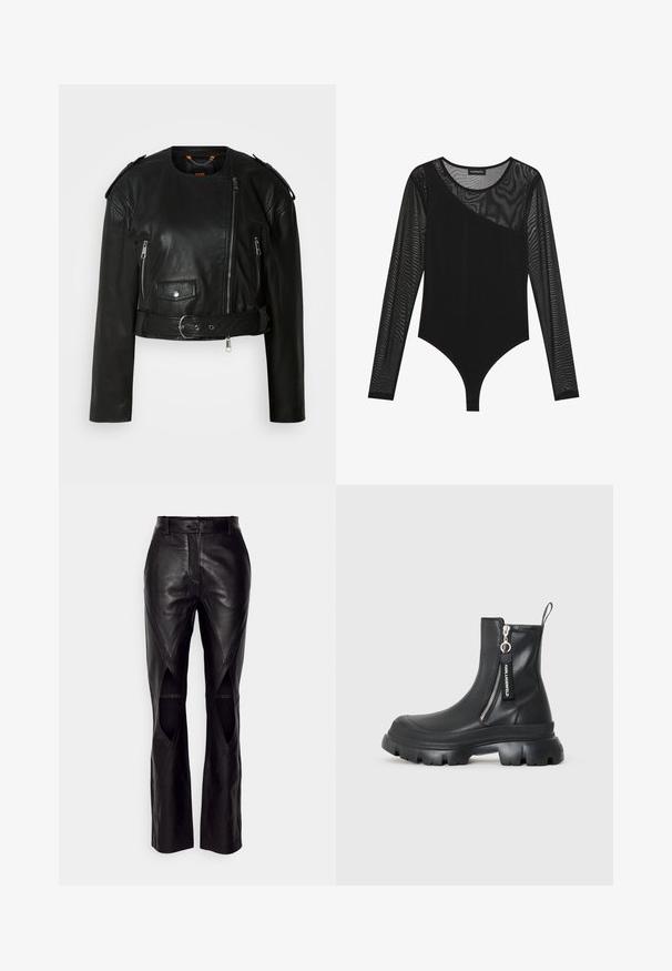 Veste cropped en cuir noir avec fermeture éclair asymétrique à l'avant, poches zippées, épaulettes et une ceinture à la taille avec une boucle métallique.; Un body noir avec des manches en tulle transparent longues, une coupe ajustée, un décolleté asymétrique et un bas lisse et opaque.; Pantalons en cuir noir avec une coupe ajustée, dotés de coutures diagonales et d'ouvertures sur les côtés. Jambes droites avec une fermeture à bouton à la taille.; KARL LAGERFELD TREKKA MAX - Bottines compensées - black