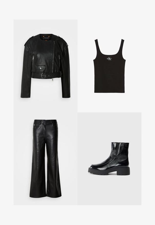 Sort læder cropped jakke med asymmetrisk frontlynlås, lynlås-lommer, skulderepauletter og en taljeelastik med en metallisk spænde.; Sort ribbet tanktop med brede stropper og Calvin Klein-logo i hvid på brystets midte, sat mod en hvid baggrund.; Sorte læder bukser med bredde ben og en glat tekstur, der har en frontknaplukning, to sidelommer og minimale syninger.; Sorte ankelstøvler med en blank patentlæderfinish, chunky sort gummisål og hævet hæl; inkluderer subtilt logodetalje på siden.