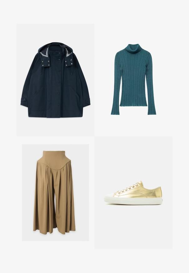 Donker marineblauwe regenjas met kap, voorzien van drukknoopsluiting aan de voorkant, grote zijzakken, verstelbare trekkoorden en knoopsluitingen bij de mouwen.; Teal geribde lange mouw turtleneck sweater met een subtiele glans en een aangesloten silhouet.; Hoge taille, wijdvallende broek in beige met plooien en een aansluitende tailleband, weergegeven op een vlakke, lichtgrijze achtergrond.; Low-top sneaker met metallic gouden leren bovenwerk, witte veters en dikke witte rubberen zool, van opzij getoond tegen een effen achtergrond.