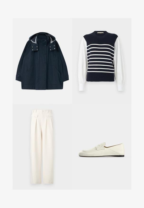 Parka de pluie bleu marine foncé à capuche avec des boutons pression à l'avant, de grandes poches latérales, des cordons réglables et des poignets à boutons.; Gilet en tricot bleu marine avec des rayures blanches horizontales, porté sur des manches longues blanches bouffantes et des poignets blancs.; Pantalon large crème avec plis, doté d'une taille haute, de deux poches avant et d'un tissu lisse et texturé.; Mocassin en cuir blanc avec une semelle basse noire et un détail de bride sur le dessus, présenté de côté sur un fond uni.