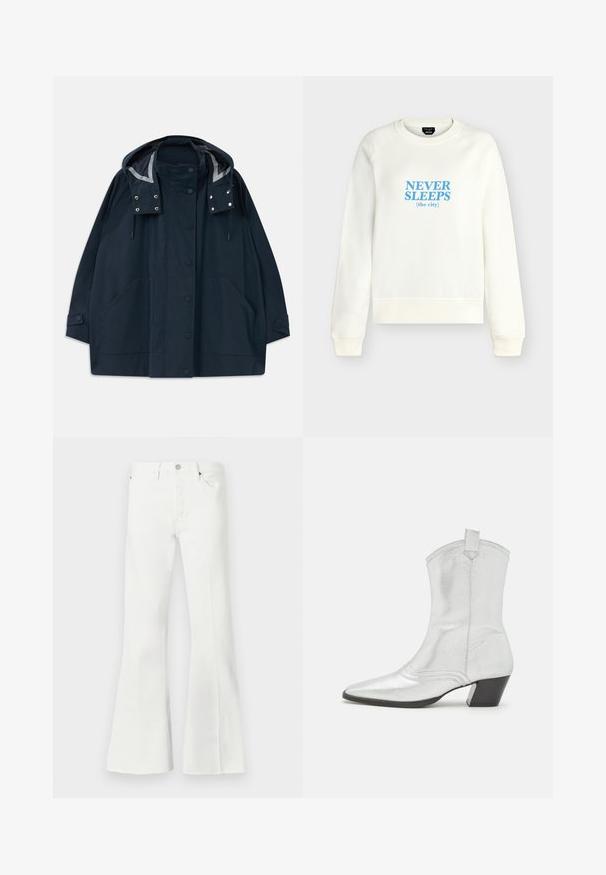 Impermeable con capucha de un oscuro color marino, con botones de presión en la parte frontal, grandes bolsillos laterales, cordones ajustables y puños de manga con botones.; Sudadera blanca de manga larga con texto en azul claro "NEVER SLEPS (the city)" centrado en el delantero, cuello redondo y puños acanalados.; Jeans de mezclilla blancos acampanados con cintura alta, que presentan un cierre de botón, dos bolsillos frontales y acabados deshilachados en la parte inferior.; Castañer DIMBA - Botines camperos - plata