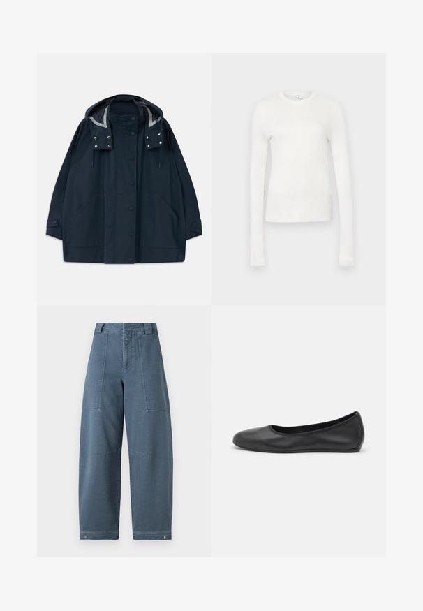 Parka de pluie bleu marine foncé à capuche avec des boutons pression à l'avant, de grandes poches latérales, des cordons réglables et des poignets à boutons.; T-shirt à manches longues blanc en coton doux. Il présente un col rond, une silhouette ajustée et une texture lisse. Pas de motifs ni d'accents.; Pantalons en denim à jambes larges dans une teinte bleu clair, présentant une surface texturée, deux poches avant et des coutures robustes à l'ourlet.; Ballerines en cuir noir avec un bout rond, texture lisse, détails de couture minimalistes et design de semelle flexible.