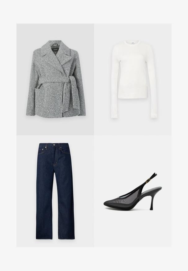 Manteau en mélange de laine gris avec col à revers, deux poches avant, ceinture à nouer et surface texturée. Convient pour les temps frais.; T-shirt à manches longues blanc en coton doux. Il présente un col rond, une silhouette ajustée et une texture lisse. Pas de motifs ni d'accents.; Jean en denim bleu foncé avec une coupe droite, cinq poches, et des coutures contrastantes. Fabriqué en tissu de coton robuste.; Chaussure à talon haut slingback noire pointue avec panneaux en maille et boucle dorée sur la bride de cheville, présentée sur fond blanc.
