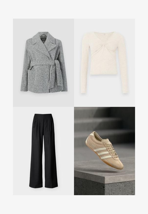 Manteau en mélange de laine gris avec col à revers, deux poches avant, ceinture à nouer et surface texturée. Convient pour les temps frais.; Haut à manches longues crème en tissu doux et texturé. Doté d'un col en V et d'un détail torsadé au centre. Design court.; Pantalon noir taille haute à jambes larges avec plis avant et poches latérales, présenté sur un fond clair uni.; Baskets beige clair avec trois bandes horizontales blanches, dessus en daim, et une semelle en gomme caoutchouc, présentant un logo sur le côté.