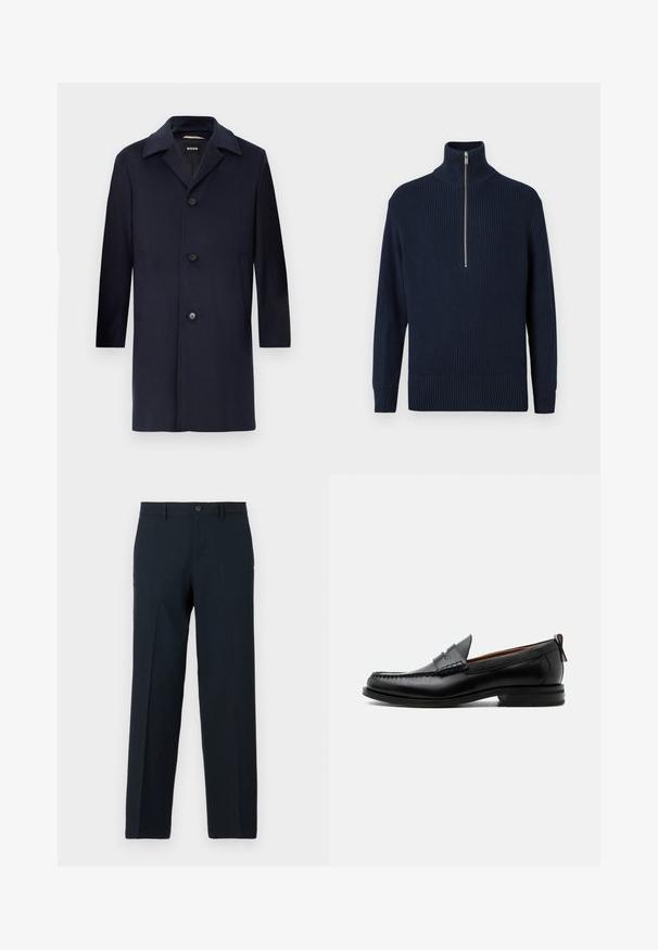 Navyblauer Wollmantel mit gerader Silhouette, großen Revers, Knopfverschluss, seitlichen Taschen und glatter Textur. Für formelle Anlässe entworfen.; Dunkelblauer gerippter Strickpullover mit hohem Kragen und halbem Reißverschluss. Verfügt über lange Ärmel und einen eng anliegenden Saum. Glatte Textur.; Schwarze Slim-Fit-Hose mit Knopf- und Reißverschluss, Gürtelschlaufen und geradem Bein.; Schwarzer Leder-Herrenschuh mit Mokassinnaht, Penny-Riemen, strukturiertem Kragen und niedrigem gestapeltem Absatz auf weißem Hintergrund.