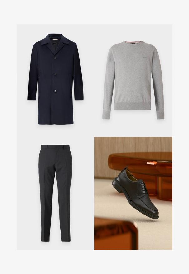 Marineblauw wollen jas met een rechte silhouet, grote revers, knoopsluiting, zijzakken en een gladde textuur. Ontworpen voor formele kleding.; Grijze trui met een ronde hals, lange mouwen, geribbelde manchetten en zoom, met een subtiel logo op de borst en gestreepte accenten in de halslijn.; Donkergrijze op maat gemaakte broek met een rechte pasvorm, voorzien van zijzakken en een subtiele textuur. De sluitingen bestaan uit een ritssluiting en ceintuurlussen.; Zwarte leren veterschoen in de stijl van een nette schoen met een gestructureerd vooraanzicht, zwevend boven een beige tapijt in een moderne kamer met amberkleurige meubelen.