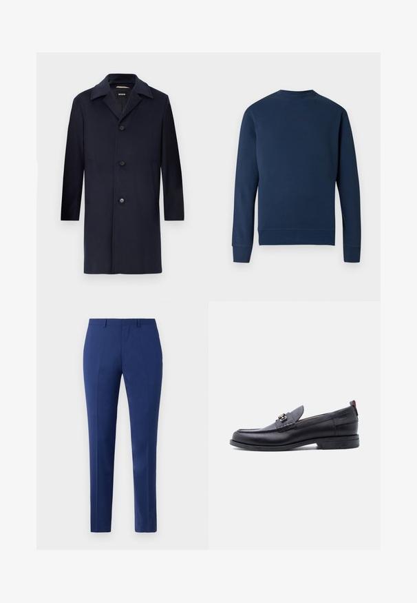 Marineblauw wollen jas met een rechte silhouet, grote revers, knoopsluiting, zijzakken en een gladde textuur. Ontworpen voor formele kleding.; Donkerblauwe sweatshirt met een ronde hals, geribbelde manchetten en zoom. Voorzien van een subtiel logo op de borst in een bijpassende kleur. Glad stoffen textuur.; Marineblauwe maatbroek met een rechte snit, voorzien van plooien en voorkruimelzakken. Gemaakt van een gladde stof met een nette afwerking.; Zwarte leren loafer met grijze, gestructureerde vamp, zilveren metalen gesp, lage hak en trekkoord aan de achterkant.