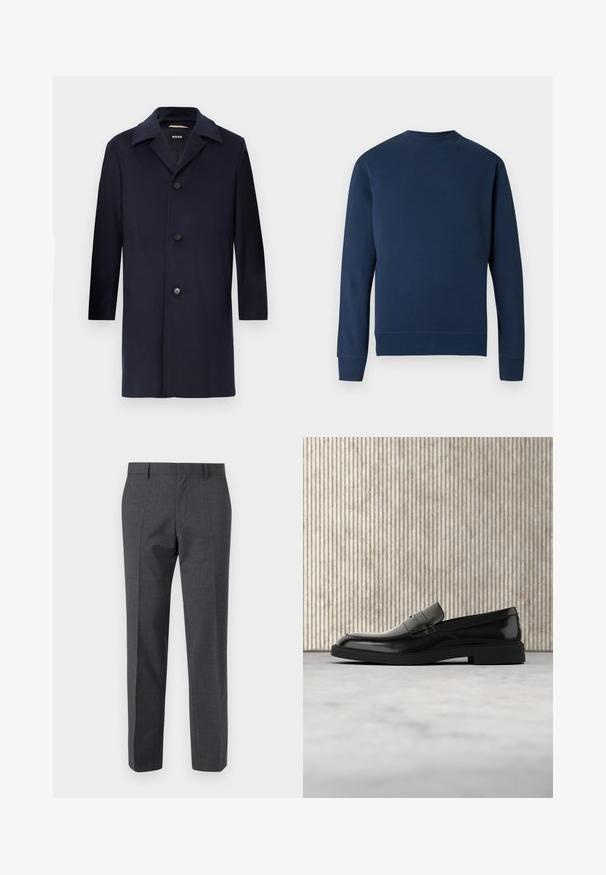 Marineblauw wollen jas met een rechte silhouet, grote revers, knoopsluiting, zijzakken en een gladde textuur. Ontworpen voor formele kleding.; Donkerblauwe sweatshirt met een ronde hals, geribbelde manchetten en zoom. Voorzien van een subtiel logo op de borst in een bijpassende kleur. Glad stoffen textuur.; Grijze op maat gemaakte broek met een gestructureerde afwerking, een vlakke voorkant en een rechtlijnig ontwerp. Beschikt over zijzakken en riemlussen.; Zwarte gepolijste leren loafer die boven een beige tapijt zweeft met oranje doorschijnend meubilair op de achtergrond.
