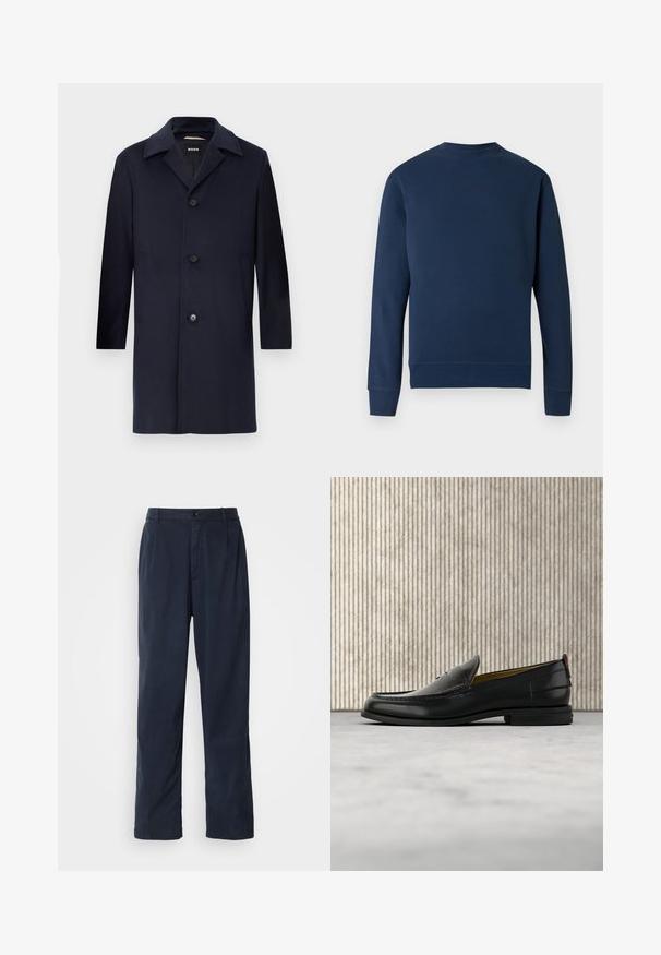 Navyblauer Wollmantel mit gerader Silhouette, großen Revers, Knopfverschluss, seitlichen Taschen und glatter Textur. Für formelle Anlässe entworfen.; Marineblauer Pullover mit rundem Ausschnitt, gerippten Bündchen und Saum. Verfügt über ein dezentes Logo auf der Brust in passender Farbe. Glatte Stoffstruktur.; Marineblaue Hose aus Baumwollmischung. Verfügt über einen geraden Schnitt, einen vorderen Knopfverschluss und dezente Falten. Glatte Textur.; Schwarzer Herren-Slipper aus Leder mit einer krokogeprägten Vorderkappe und einem niedrigen Absatz, im Profil vor neutralem Hintergrund gezeigt.