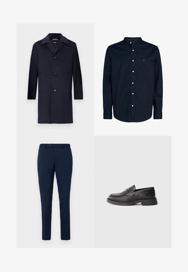 Abrigo de lana azul marino con silueta recta, grandes solapas, cierre de botón, bolsillos laterales y una textura suave. Diseñado para ocasiones formales.; Camisa azul marino de manga larga con cuello mandarín, botones blancos en la parte delantera y un pequeño logo rojo, blanco y azul en el pecho.; Pantalones ajustados de color azul marino con pasadores para cinturón, cierre de botón y cinturilla elástica, mostrados sobre un fondo blanco.; Mocasines de cuero negro con punta redondeada, costura elevada y suela de goma gruesa. Diseño simple con mínima marca en el lateral.