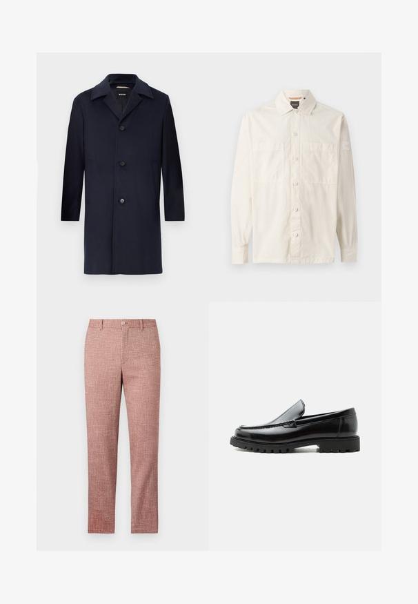Navyblauer Wollmantel mit gerader Silhouette, großen Revers, Knopfverschluss, seitlichen Taschen und glatter Textur. Für formelle Anlässe entworfen.; Beige Langarmshirt aus leichtem Stoff, mit durchgängigem Knopfverschluss, zwei Brusttaschen und einem Markenetikett am Ärmel.; Rote strukturierte Hose mit geradem Bein, Fronttaschen und Knopfverschluss. Der Stoff hat ein gewebtes Muster für zusätzliche Details.; Schwarzer Lederloafer mit grober Gummisohle, genähter Oberseite und geprägtem Markennamen an der Ferse, seitlich auf weißem Hintergrund gezeigt.