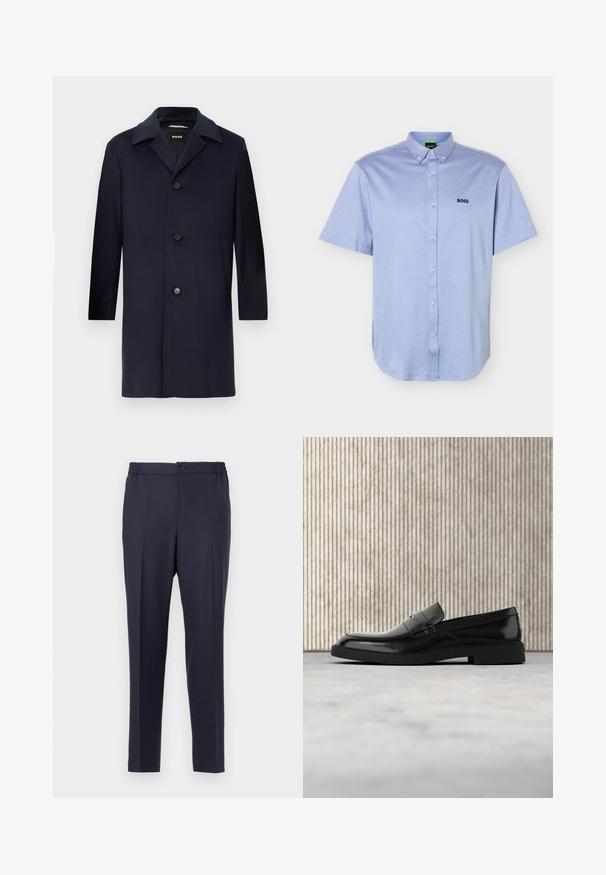 Navyblauer Wollmantel mit gerader Silhouette, großen Revers, Knopfverschluss, seitlichen Taschen und glatter Textur. Für formelle Anlässe entworfen.; Hellblaues kurzärmliges Hemd mit Knopfleiste, einem Button-Down-Kragen und dem "BOSS"-Logo, das auf der linken Brust stickt ist.; Navyblaue Hose mit flacher Front, elastischem Bund und Knopfverschluss. Gerader Schnitt und glatte Textur, geeignet für formelle oder legere Anlässe.; Schwarzer, polierter Lederloafer, der über einem beigen Teppich schwebt, mit orangener, durchscheinender Möbel im Hintergrund.