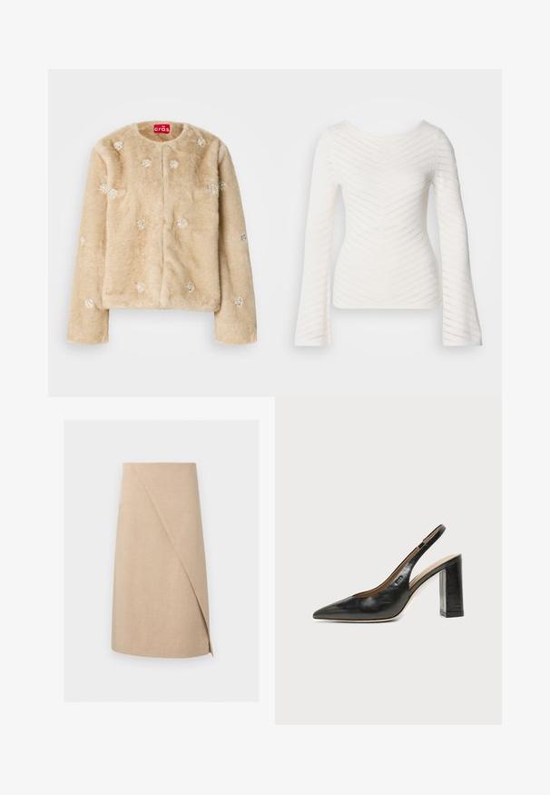 Veste en fausse fourrure beige avec encolure ronde et fermeture à l'avant. Décorée d'ornements argentés répartis de manière homogène sur le tissu.; Haut blanc à manches longues avec une coupe ajustée, présentant des motifs en zigzag texturés et un col bateau. Confectionné en tissu doux et léger.; Jupe portefeuille beige longueur genou avec un tissu subtilement texturé et un détail de superposition asymétrique à l'avant.; Chaussure slingback en cuir noir à bout pointu avec un talon bloc haut et une doublure intérieure beige sur un fond clair uni.