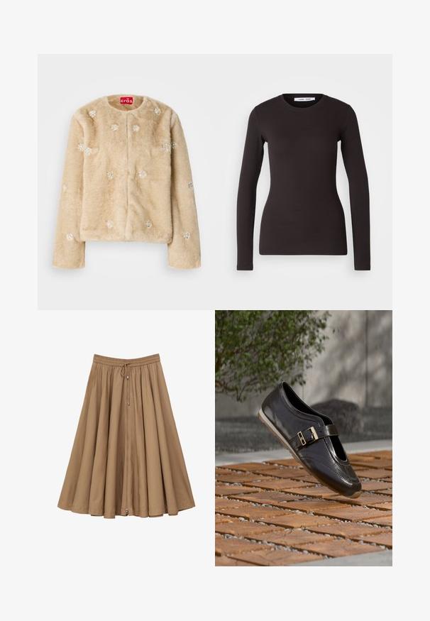Veste en fausse fourrure beige avec encolure ronde et fermeture à l'avant. Décorée d'ornements argentés répartis de manière homogène sur le tissu.; Haut noir à manches longues en tissu doux et extensible. Il présente un col rond et une coupe ajustée avec une texture lisse et sans motifs visibles.; Jupe marron mi-longue avec taille élastique froncée et fermeture éclair frontale avec liens à nouer, silhouette évasée en ligne A.; Mocassin en cuir marron foncé avec boucle dorée flottant au-dessus d'un sol en bois et pierre à motifs, avec un buisson vert flou en arrière-plan.