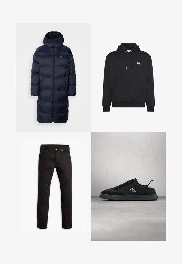 Marineblauer Steppmantel mit Kapuze, ausgestattet mit einem durchgehenden Reißverschluss, gestepptem Design und einem kleinen Logo auf der Brust. Zwei Fronttaschen.; Schwarzer Pullover-Hoodie mit vorderer Kängurutasche, Kordelzugkapuze und kleinem quadratischem Logo auf der linken Brust.; Schwarze Denim-Jeans mit geradem Bein, Fronttaschen und Knopfverschluss. Der Stoff hat eine glatte Textur und minimale Details.; Schwarzer Calvin Klein Sneaker in niedriger Ausführung mit weißem "cK" Logo an der Seite und hellgrauem Fersenlasche, schwebend über einem reflektierenden grauen Boden dargestellt.