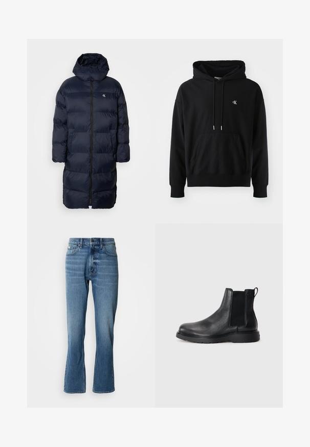 Marineblauer Steppmantel mit Kapuze, ausgestattet mit einem durchgehenden Reißverschluss, gestepptem Design und einem kleinen Logo auf der Brust. Zwei Fronttaschen.; Schwarzer Hoodie aus weichem Baumwollmaterial mit einer vorderen Kängurutasche, verstellbarem Kordelzug und einem kleinen weißen Logo auf der Brust.; Hellblaue Denim-Jeans mit geradem Schnitt und leicht ausgestelltem Bein. Verfügt über fünf Taschen, einen Knopfverschluss und dezente Waschungseffekte.; Schwarze Leder-Chelsea-Boots mit strukturiertem Finish, elastischen seitlichen Einsätzen und einer robusten Gummisohle. Dezentes Branding an der Ferse.