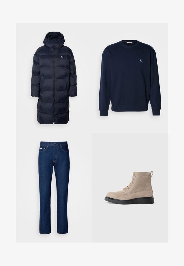 Marineblauer Steppmantel mit Kapuze, ausgestattet mit einem durchgehenden Reißverschluss, gestepptem Design und einem kleinen Logo auf der Brust. Zwei Fronttaschen.; Navyblauer Sweatshirt aus Baumwollmischung mit gerippten Bündchen und Saum. Mit kleinem hellblauen Logo auf der Brust. Klassisches Rundhalsausschnitt-Design.; Dunkelblaue Jeans aus Denim mit geradem Bein Design, mit einem Reißverschluss und Knopfverschluss, fünf Taschen und dezenten Nähten.; Beige Wildleder-Ankle Boots mit schwarzer Gummisohle, Schnürdesign und kleinem, seitlich eingeprägtem Logo, ausgestattet mit einer Zuglasche am Hinterkopf.
