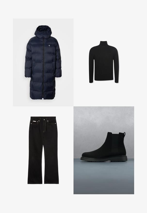 Marineblauer Steppmantel mit Kapuze, ausgestattet mit einem durchgehenden Reißverschluss, gestepptem Design und einem kleinen Logo auf der Brust. Zwei Fronttaschen.; Schwarzer Langarm-Rollkragenpullover mit schmaler Passform und dezentem Logo auf der linken Brustseite, dargestellt vor weißem Hintergrund.; Schwarze Jeans mit geradem Bein, oranger Naht, fünf Taschen, Knopfverschluss und kleinem Calvin Klein-Label auf der vorderen rechten Tasche.; Schwarze Knöchelstiefel aus glattem Material mit subtilen Nähten, einer Gummisohle und einem eleganten Design, platziert auf einer Oberfläche mit Holzstruktur.