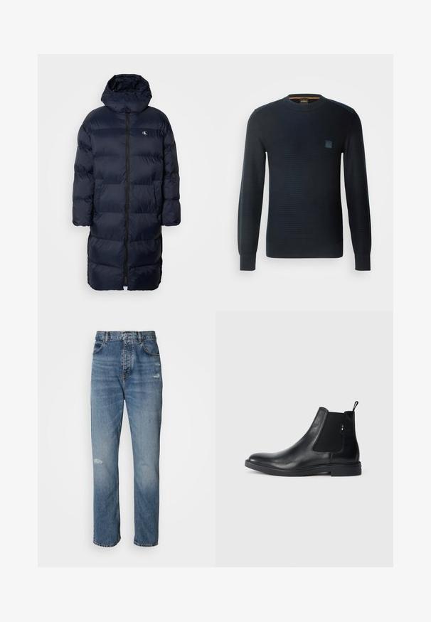 Mørkeblå pufjakke med hætte, der har en fuldlængde frontlynlås, quiltet design og et lille logo på brystet. To forlommer.; Strikket navyblå sweater med lange ærmer, rund halsudskæring, tekstureret stof og et lille logo-patch på brystet.; Lyseblå denim jeans med lige ben-design, der har en knap- og lynlåslukning, fem lommer og slidte detaljer ved knæet.; Sorte læder Chelsea støvler med elastiske sidepaneler, en pull-tab og en flad gummisål. Glat tekstur med minimal detaljer.