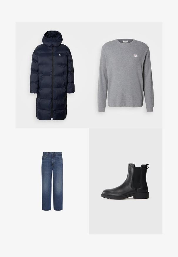 Marine blauwe pufferjas met een capuchon, voorzien van een volledige ritssluiting aan de voorkant, een doorgestikt ontwerp en een klein logo op de borst. Twee voorzakken.; Grijze hoodie met lange mouwen, gemaakt van textiel met structuur, voorzien van een ronde halslijn en een klein CK-logo op de linker bovenkant.; Blauwe jeans met hoge taille en rechte pijpen, met knoop en rits aan de voorkant, riemlussen en voor- en achterzakken.; Zwarte leren enkelboot met elastische zijpanelen, trekhaak op de hiel en een lage blokzool tegen een effen achtergrond.