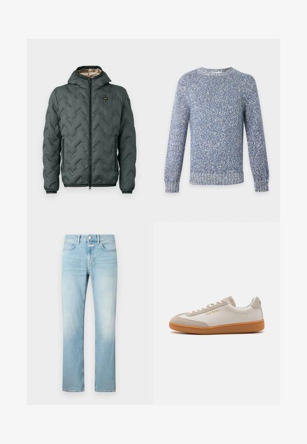 Veste matelassée vert foncé avec capuche, dotée d'une fermeture éclair, d'un matelassage en chevrons et de poignets élastiques. Doublée d'un matériau beige contrastant.; Pull tricoté chiné bleu et blanc à col rond, manches longues, poignets et ourlet côtelés.; Jean en denim bleu clair avec une coupe droite, doté d'un design classique à cinq poches et d'une fermeture à bouton.; Baskets basses blanches et beiges avec semelle en caoutchouc, lacets blancs, détails en daim et logo doré "Paul Smith" sur le côté.