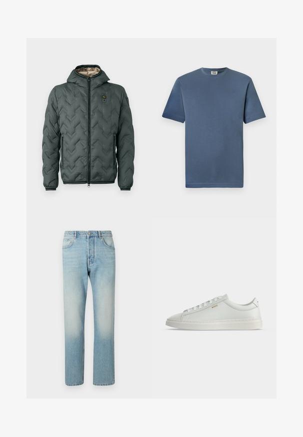 Veste matelassée vert foncé avec capuche, dotée d'une fermeture éclair, d'un matelassage en chevrons et de poignets élastiques. Doublée d'un matériau beige contrastant.; T-shirt en coton bleu avec un col rond et des manches courtes. Présente une texture lisse et un ourlet droit. Pas de motifs ou graphiques visibles.; Jeans bleu clair fabriqués en denim, présentant un design à jambe droite, une structure à cinq poches et un effet délavé au niveau des cuisses.; Baskets basses blanches en cuir avec lacets, semelle plate et petit logo doré "BOSS" sur le côté, vues de l'extérieur.