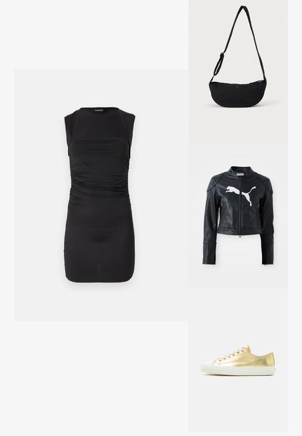 Chaqueta corta de cuero negro con cuello alzado, cremallera frontal y dos bolsillos con cremallera. Presenta un logo blanco de Puma en el pecho.; Vestido corto negro sin mangas con detalle fruncido en la cintura y escote cuadrado.; Zapatilla baja con parte superior de cuero metálico dorado, cordones blancos y suela gruesa de goma blanca, mostrada de lado sobre un fondo liso.; Bolso de hombro de tela negra con forma curvada, que cuenta con una sola correa trenzada y un cierre de cremallera. Detalle sutil del logo en la parte delantera.
