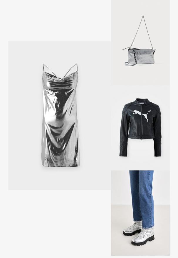 Chaqueta corta de cuero negro con cuello alzado, cremallera frontal y dos bolsillos con cremallera. Presenta un logo blanco de Puma en el pecho.; Vestido deslizante plateado hecho de un tejido brillante. Presenta tirantes finos y un diseño drapeado con una textura suave. Sin patrones ni acentos.; Botas de tobillo metálicas plateadas con suela negra resistente, que cuentan con una parte superior acolchada y cordones, combinadas con vaqueros rectos azules.; Bolso de mano metálico plateado con un acabado texturizado, cierre de cremallera y correa de cadena para el hombro desmontable. Presenta un pequeño acento de logo.
