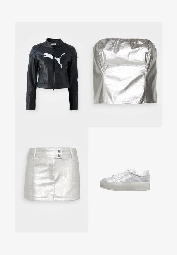Chaqueta corta de cuero negro con cuello alzado, cremallera frontal y dos bolsillos con cremallera. Presenta un logo blanco de Puma en el pecho.; Gina Tricot TUBE - Top - silver-coloured; Falda plateada de cuero sintético con un patrón texturizado de cocodrilo, que presenta dos botones azules como acentos y un diseño ajustado.; Zapatilla baja plateada metálica con suela blanca gruesa, cordones en la parte delantera y detalles cosidos en el lateral y el talón.