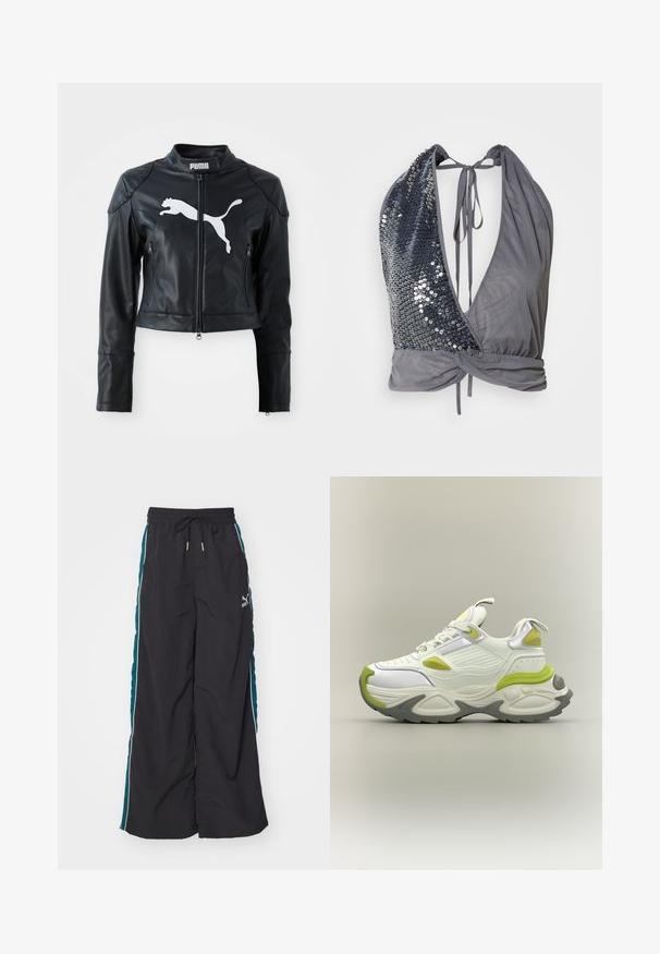 Chaqueta corta de cuero negro con cuello alzado, cremallera frontal y dos bolsillos con cremallera. Presenta un logo blanco de Puma en el pecho.; Top de cuello halter en tejido gris con un profundo escote en V. Un lado cuenta con lentejuelas oscuras, mientras que el otro es liso con un detalle de lazo en la parte trasera.; Pantalones anchos negros con cinturilla ajustable, paneles laterales en tono teal y franjas blancas de acento. Fabricados con un material suave y ligero.; Zapatilla deportiva gruesa blanca y verde claro con suela gruesa, cierre de cordones en la parte delantera y tiradores en la lengüeta y el talón, expuesta sobre fondo neutro.