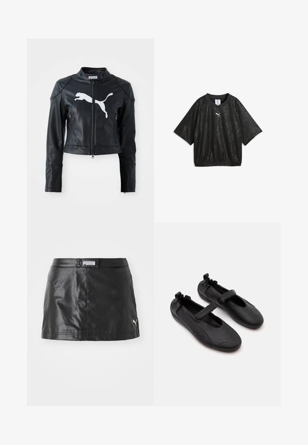 Veste cropped en cuir noir avec col montant, fermeture éclair frontale, et deux poches zippées. Présente un logo Puma blanc sur la poitrine.; Chemise noire à manches courtes avec un motif léopard subtil, ourlet élastique et petit logo blanc Puma sur la poitrine.; Jupe en faux cuir noir avec une texture lisse, arborant un logo PUMA à la taille et un petit logo sur l'ourlet.; Paire de chaussures en cuir noir style Mary Jane avec arrière élastiqué et bride velcro, avec un logo Puma discret sur chaque orteil.