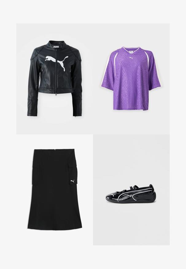 Veste cropped en cuir noir avec col montant, fermeture éclair frontale, et deux poches zippées. Présente un logo Puma blanc sur la poitrine.; T-shirt de sport à manches courtes Purple Puma violet avec un motif floral subtil et des bandes blanches sur les manches sur fond uni.; Jupe noire longueur genoux avec poches cargo des deux côtés et petit logo Puma blanc sur le rabat de la poche droite.; Chaussure en cuir verni noir avec un profil bas, dotée d'un bout arrondi, de sangles élastiques noires et d'accents blancs sur les côtés.