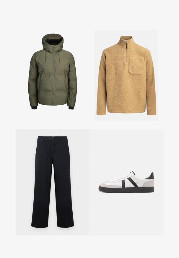 Veste d'hiver matelassée verte avec capuche, fermeture éclair frontale, deux poches latérales zippées et une petite poche zippée supplémentaire sur la manche gauche.; Pull en polaire beige avec un col montant, fermeture éclair sur le devant et une poche poitrine. Tissu texturé avec un aspect doux et confortable.; Pantalon noir à jambes larges avec poches plaquées à l'avant, passants pour ceinture et fermeture par bouton, présenté sur un fond uni.; Baskets blanches avec des accents noirs et gris, présentant un embout texturé gris, une semelle en caoutchouc noir et des lacets plats blancs. Design épuré, style minimaliste.