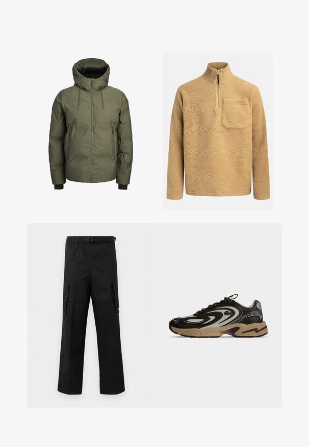 Veste d'hiver matelassée verte avec capuche, fermeture éclair frontale, deux poches latérales zippées et une petite poche zippée supplémentaire sur la manche gauche.; Pull en polaire beige avec un col montant, fermeture éclair sur le devant et une poche poitrine. Tissu texturé avec un aspect doux et confortable.; Pantalons cargo noirs avec une coupe large, une taille ajustable avec une boucle et deux poches latérales pour le rangement. Tissu léger.; Baskets noires et beiges avec motifs ondulés, design à lacets et semelle épaisse sur fond clair uni.