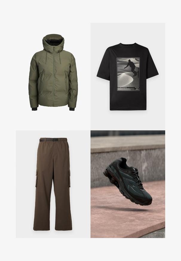 Veste d'hiver matelassée verte avec capuche, fermeture éclair frontale, deux poches latérales zippées et une petite poche zippée supplémentaire sur la manche gauche.; T-shirt noir à manches courtes avec une impression graphique représentant une silhouette sur une surface blanche texturée avec des motifs linéaires.; Pantalon cargo marron à coupe ample, taille élastique et deux poches latérales. Il est doté d'une ceinture noire à motifs, avec une texture lisse.; Baskets athlétiques noires avec une semelle intercalaire à coussin d’air visible flottant au-dessus d’une surface en pierre rose avec un mur en pierre gris en arrière-plan.