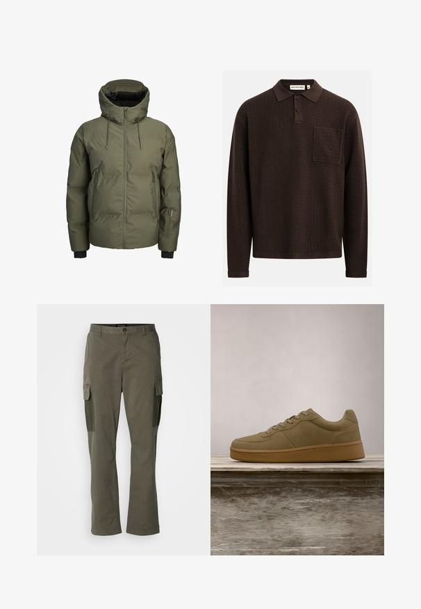 Veste d'hiver matelassée verte avec capuche, fermeture éclair frontale, deux poches latérales zippées et une petite poche zippée supplémentaire sur la manche gauche.; Polo à manches longues marron avec un motif zigzag texturé, doté d'une patte à trois boutons et d'une poche poitrine. Confectionné en tissu tricoté.; Pantalons cargo vert olive avec une coupe droite, dotés de poches latérales, de fermetures éclair et d'un tissu en mélange de coton pour la durabilité.; Baskets vert olive à lacets flottant au-dessus d'un banc en bois, avec un feuillage vert flou en arrière-plan.