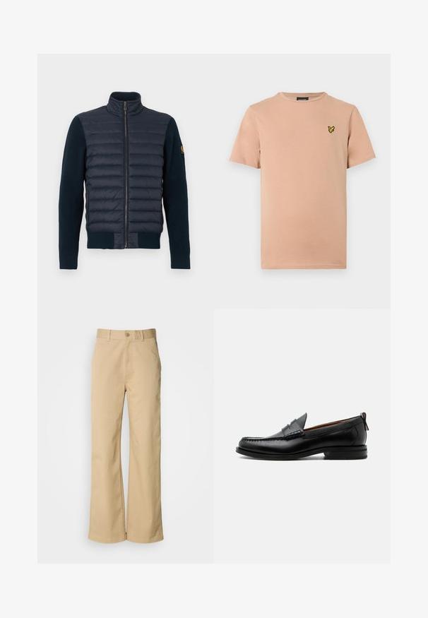 Veste bleu marine avec devant matelassé et manches en tricot. Elle présente un col montant et une fermeture éclair sur toute la longueur, avec des poignets et un ourlet côtelés.; T-shirt en coton pêche clair avec col rond, manches courtes, et petit logo brodé d'un papillon jaune sur le côté gauche de la poitrine.; Pantalon large beige en mélange coton. Fermeture par bouton et passants de ceinture. Texture lisse, avec des détails de couture minimaux.; Mocassin homme en cuir noir avec couture moc toe, bride penny, col texturé et petit talon empilé sur fond blanc.
