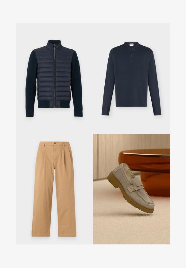Veste bleu marine avec devant matelassé et manches en tricot. Elle présente un col montant et une fermeture éclair sur toute la longueur, avec des poignets et un ourlet côtelés.; Polo bleu marine à manches longues avec col montant et patte de boutonnage simple, présenté sur fond blanc.; Pantalon droit marron clair avec des plis à l'avant, des passants de ceinture et une fermeture par bouton à la taille, présenté sur un fond uni.; Mocassin en daim gris clair avec une semelle en caoutchouc marron épaisse, posé sur un tapis beige devant une table ronde marron floue.
