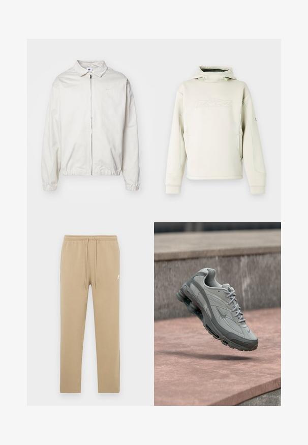 Biela, ľahká bunda Nike s golierom, predným zipsom, elastickými manžetami a malým logom na ľavej strane hrudníka. Hladká textúra.; Krémová mikina s kapucňou s vysokým golierom a šnúrkami, jemným reliéfnym logom na hrudi a zeleným lemovaním pozdĺž rukávov a strán.; Béžové tepláky s elastickým pásom a sťahovacími šnúrkami, s malým bielym logom Nike na hornej ľavej stehne.; Sivá a biela teniska Nike zavesená nad kamenným schodom s viditeľným vzduchovým odpružením a textúrovanou podrážkou.