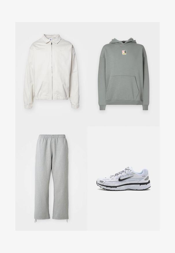 Biela, ľahká bunda Nike s golierom, predným zipsom, elastickými manžetami a malým logom na ľavej strane hrudníka. Hladká textúra.; Sivá mikina s kapucňou, s predným vreckom a malou logovou nášivkou v ružovej, bielej a čiernej farbe na hrudníku. Klasický dizajn.; Sivé tepláky s elastickým pásom, rovným strihom a šnúrkami na leme. Vyrobené z mäkkej, textúrovanej látky.; Biele bežecké topánky s textilným zvrškom, zaoblenou špičkou, čiernymi akcentmi a vzorovanou podrážkou. Obsahujú šnurovanie a značku na boku.