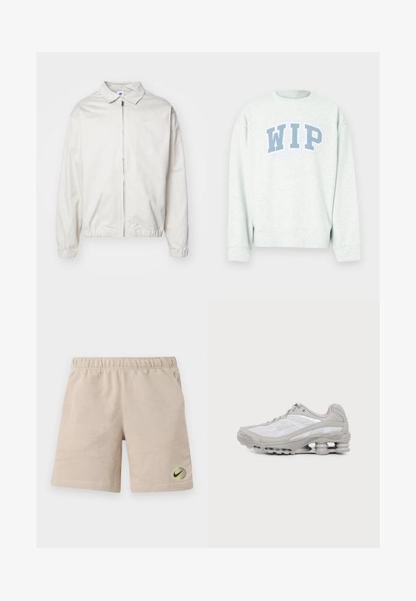 Hvid, letvægts Nike-jakke med kravehals, lynlås foran, elastiske ærmer og et lille logo på venstre bryst. Glat tekstur.; Lysegrå sweatshirt med rund hals og lange ærmer, med et blåt "WIP" trykt logo i en buet udformning hen over brystet.; Beige bomuldsshorts med elastik i taljen, sidelommer og lille sort Nike swoosh-logo på en grøn og gul globus nær sømmen.; Grå og hvid atletiksko med synlig luftpolstret sål og mesh-paneler, vist i profil på en ensartet lys baggrund.