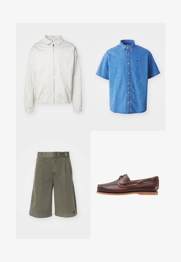 Hvid, letvægts Nike-jakke med kravehals, lynlås foran, elastiske ærmer og et lille logo på venstre bryst. Glat tekstur.; Kortærmet denimskjorte i lyseblå med button-down krave, der har et brystlogo og iøjnefaldende syninger.; Olivengrønne shorts lavet af en blanding af bomuldsstof. Har folder og en lige pasform, med et lille mærke på siden.; Brun læder bådsko med hvide sømme, snøre detaljer og lysbrun gummisål, vist fra siden på hvid baggrund.
