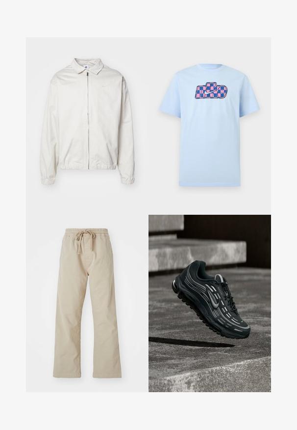 Biela, ľahká bunda Nike s golierom, predným zipsom, elastickými manžetami a malým logom na ľavej strane hrudníka. Hladká textúra.; Svetlomodré tričko s krátkym rukávom, uprostred na hrudi má ružovo-modré kárované logo Nike a znak Swoosh.; Béžové bavlnené nohavice s elastickým pásom a šnúrkou na stiahnutie. Rovný strih, hladká textúra a žiadne viditeľné vzory ani akcenty.; Čierno-sivá teniska Nike Air Max vznášajúca sa nad sivými betónovými schodmi s textúrovaným pozadím zeme.