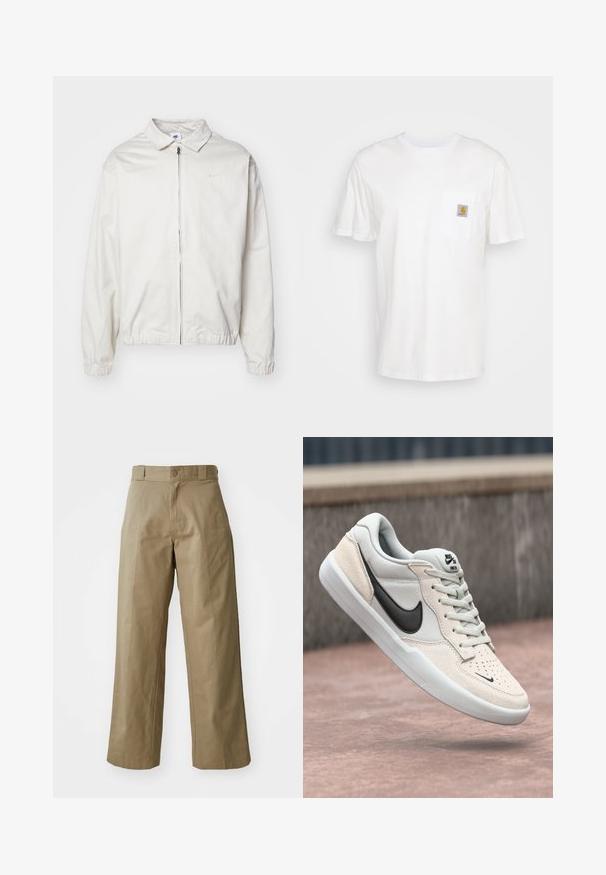 Biela, ľahká bunda Nike s golierom, predným zipsom, elastickými manžetami a malým logom na ľavej strane hrudníka. Hladká textúra.; Biele bavlnené tričko s krátkymi rukávmi, vreckom na hrudi a malou štvorcovou nášivkou v oranžovej a bielej farbe na vrecku.; Khaki široké nohavice vyrobené z bavlneného zmesi, s jedným gombíkom na zapínanie a viditeľnými bočnými vreckami. Hladká textúra, detail záhybov.; Nike SB tenisky v svetlo šedej a smotanovej farbe, so zvrškom z semišu, čiernym swooshom, textúrovanými detailmi a bielou gumovou podrážkou.
