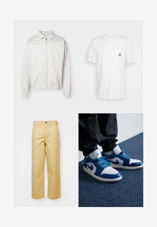 Biela, ľahká bunda Nike s golierom, predným zipsom, elastickými manžetami a malým logom na ľavej strane hrudníka. Hladká textúra.; Biele bavlnené tričko s krátkymi rukávmi, vreckom na hrudi a malou štvorcovou nášivkou v oranžovej a bielej farbe na vrecku.; Béžové široké nohavice vyrobené z bavlny s predným zapínaním na gombík, pútkami na opasok a bočnými vreckami. Hladká textúra s viditeľnými švovými detailmi.; Nike Air Jordan tenisky majú bielu koženú základňu s modrými syntetickými akcentmi, perforovanou špičkou a modrými šnúrkami.