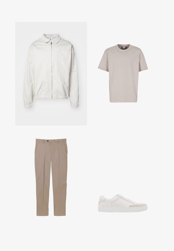 Biela, ľahká bunda Nike s golierom, predným zipsom, elastickými manžetami a malým logom na ľavej strane hrudníka. Hladká textúra.; Urban Classics CUFF TEE - Základné tričko - cloud; Béžové nohavice rovného strihu s prednými vreckami, pútkami na opasok, zapínaním na gombík a zipsom, položené na bielom pozadí.; Biela nízka teniska so šnurovaním vpredu a gumovou podrážkou, so subtílnym prešívaním a semišovým detailom na oblasti prstov.