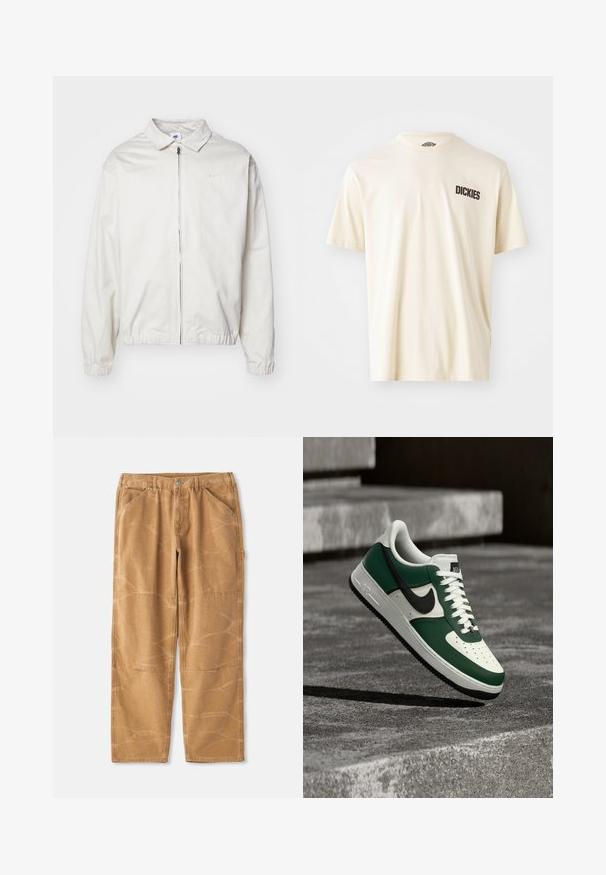 Biela, ľahká bunda Nike s golierom, predným zipsom, elastickými manžetami a malým logom na ľavej strane hrudníka. Hladká textúra.; Svetlo béžové bavlnené tričko s krátkym rukávom a okrúhlym výstrihom. Na ľavej strane hrude sa nachádza tmavohnedý logotyp s textom "DICKIES".; Béžové bavlnené nohavice s voľným strihom, s viditeľnými švami, detailmi z látkových záplat a mierne pokrčenou textúrou.; Zeleno-biely Nike Air Force 1 teniska s čiernym logom, vznášajúca sa nad betónovým povrchom s rozmazaným schodiskom v pozadí.