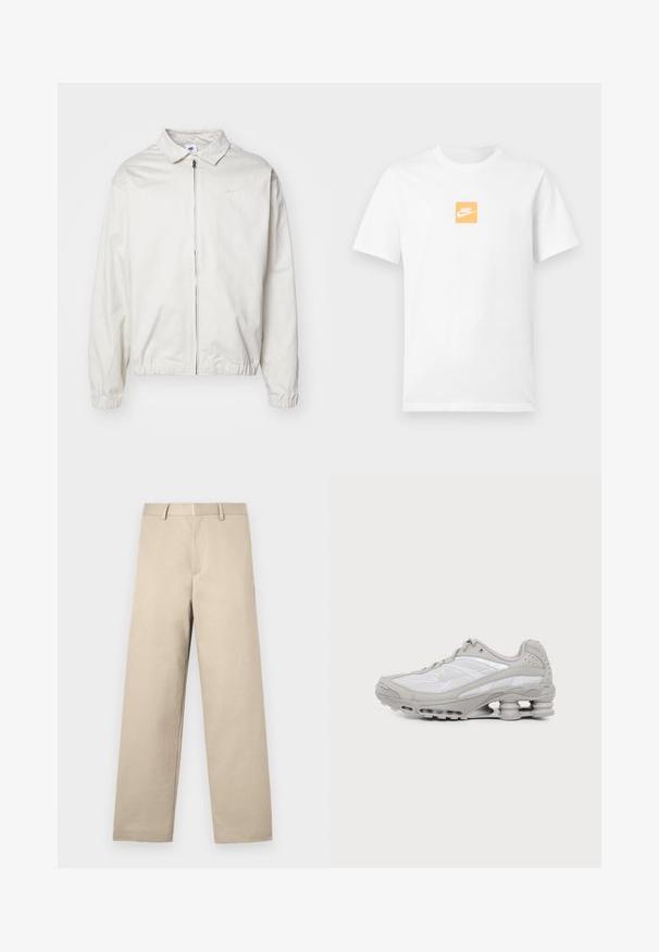Λευκή, ελαφριά ζακέτα Nike με γιακά, μπροστινό φερμουάρ, ελαστικές μανσέτες και μικρό λογότυπο στο αριστερό στήθος. Απαλή υφή.; Λευκό κοντομάνικο βαμβακερό μπλουζάκι με μικρό πορτοκαλί τετράγωνο στο στήθος που περιέχει λευκό λογότυπο της Nike και το swoosh.; Μπεζ παντελόνι με ίσια γραμμή, επίπεδο μπροστινό μέρος, δύο πλαϊνές τσέπες και φερμουάρ. Φτιαγμένο από απαλό βαμβακερό ύφασμα.; Γκρι και άσπρο αθλητικό παπούτσι με ορατό αεριζόμενο πέλμα και πλέγμα, εμφανίζεται σε προφίλ σε απλό ανοιχτό φόντο.